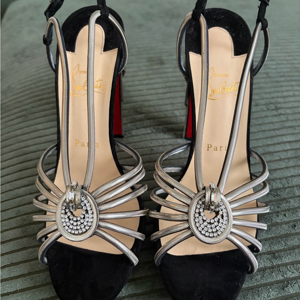Christian Louboutin Black Suede Sandals with Silver Crystal Accents